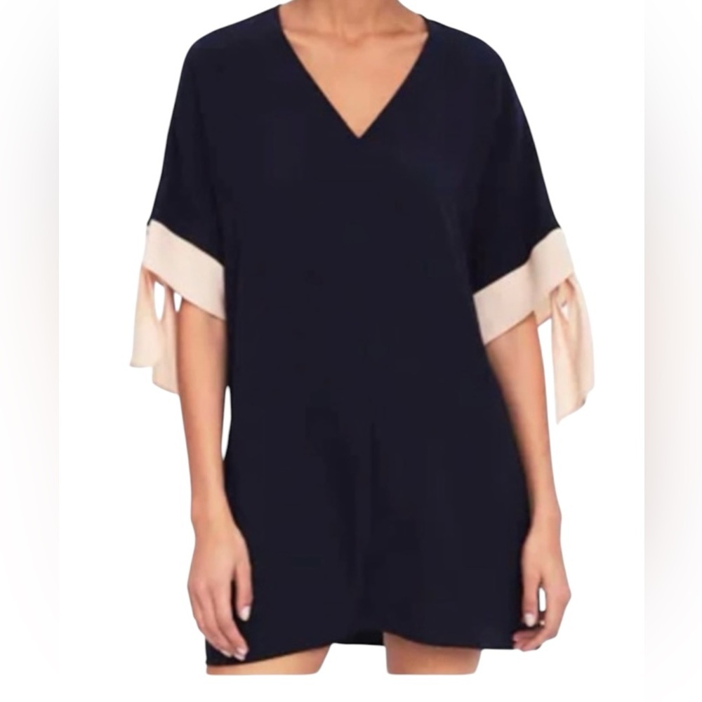 Zara Navy‎ Shift Short Navy Blue Dress SZ M Women V-neck A-line Minimalist